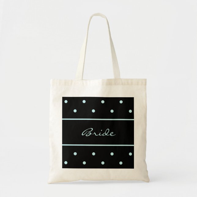 Bride Tote Bag -- Blue Polka Dots on Black  Bag (Front)