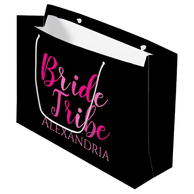 Bride Tribe Bachelorette Party Hot Pink Black Large Gift Bag (Front Angled)