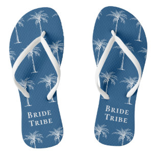 Bride Tribe Blue White Tropical Palm Tree Jandals