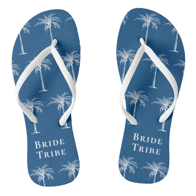 Bride Tribe Blue White Tropical Palm Tree Jandals (Footbed)