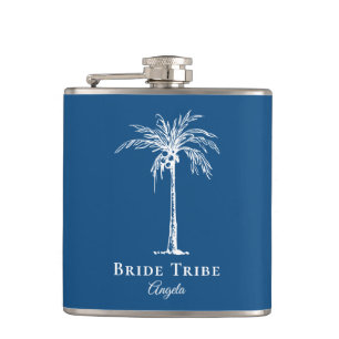 Bride Tribe Classic Blue White Palm Tree Custom Hip Flask