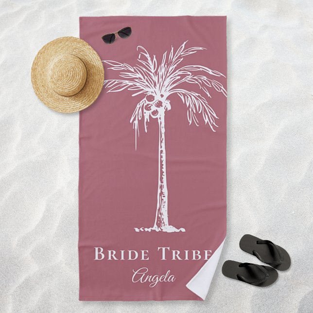 Bride Tribe Dusty Rose White Palm Tree Custom Beach Towel (Bride Tribe Dusty Rose White Palm Tree Tropical Custom Beach Towel)