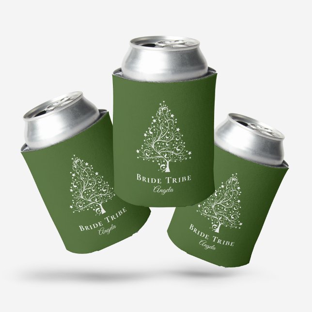 Bride Tribe Elegant Forest Green White Tree Custom Can Cooler (Creator Uploaded)