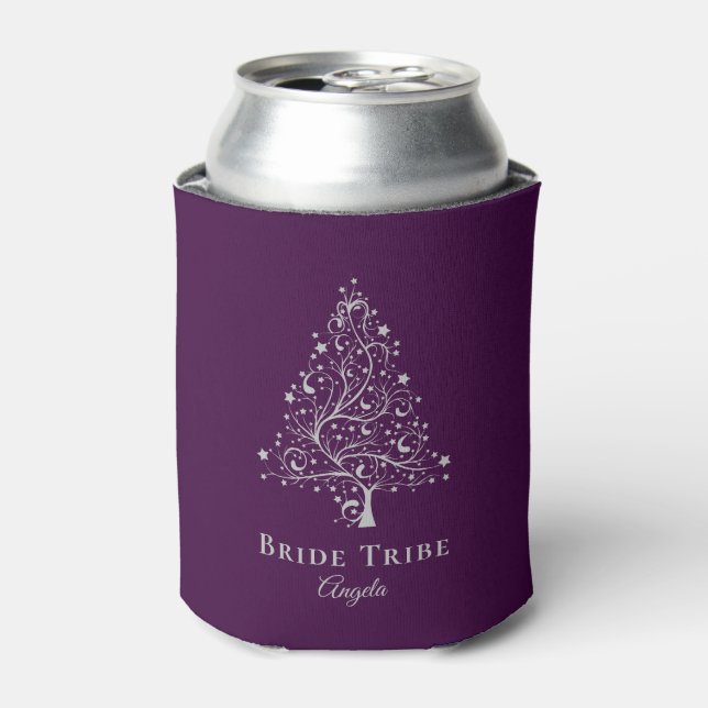 Bride Tribe Elegant Purple Silver Winter Wedding Can Cooler (Can Front)