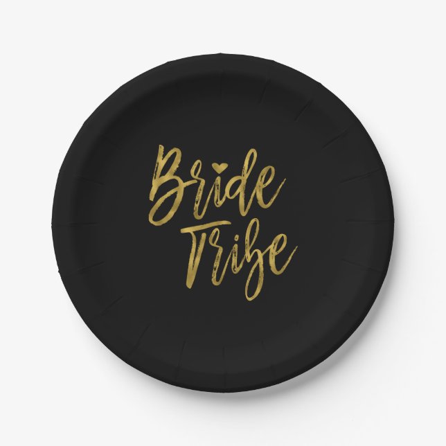 Bride Tribe Faux Gold Foil and Black with Heart Paper Plate (Front)