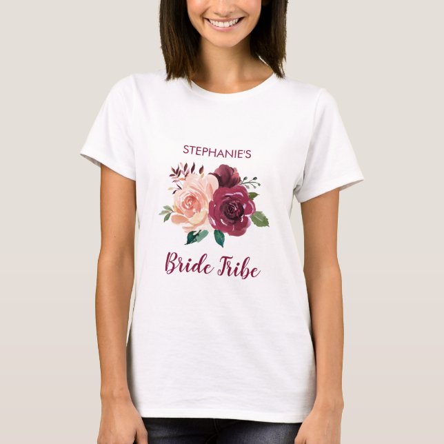Bride Tribe Floral Blush Pink Burgundy Rose T-Shirt (Front)
