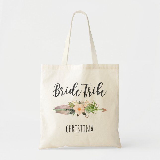 "Bride Tribe" Floral,Feather Arrow Personalised Tote Bag (Front)