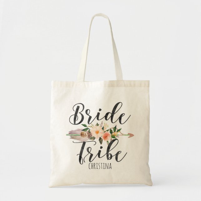 "Bride Tribe" Floral Feather Arrow Personalized Tote Bag (Front)