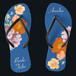 Bride Tribe Floral Something Blue Wedding Jandals<br><div class="desc">This desirable pair of flip flops features retro aesthetic pattern of beautiful peony flowers on the blue background, and changeable typography "Bride Tribe". These personalised and elegant flip flops are a memorable gift for wedding party members: bride, bridesmaids, mother of the bride, maid of honour... They will add a stylish dose of glam...</div>