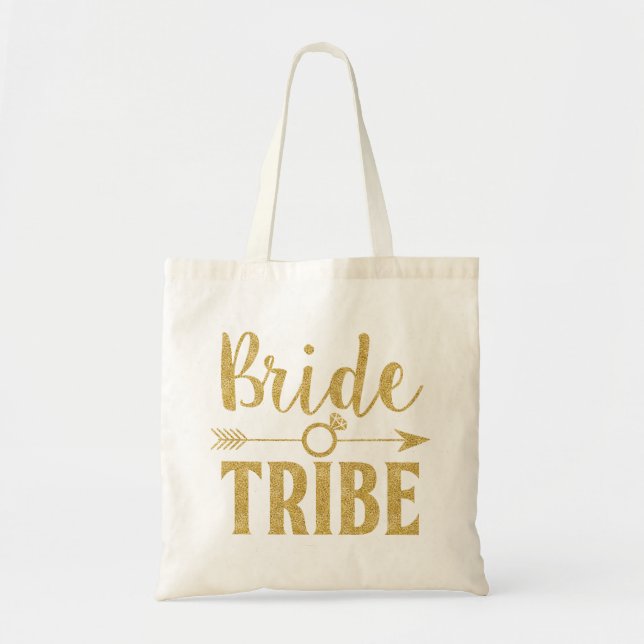 "Bride Tribe" Glitter-Print Golden Tote Bag (Front)