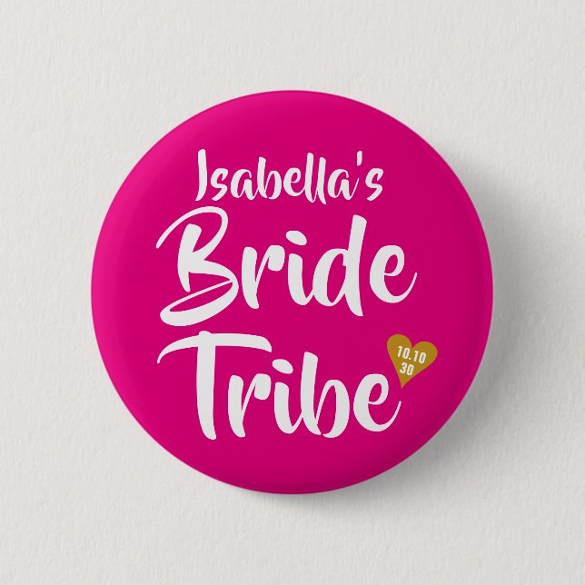 Bride Tribe Gold Date Heart Personalised 6 Cm Round Badge (Front)