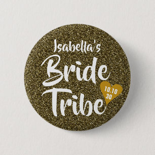 Bride Tribe Gold Date Heart Personalised Glitter 6 Cm Round Badge