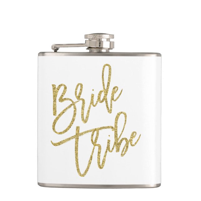 Bride Tribe Gold Glitter Script Hip Flask (Front)