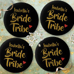 Bride Tribe Gold Script Red Heart 6 Cm Round Badge<br><div class="desc">Fun trendy personalised bridal shower badges. A perfect little extra for you and your bride tribe team to wear while celebrating your momentous occasion!
Designed by Thisisnotme©</div>