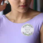 Bride tribe lavender violet eucalyptus greenery 3 cm round badge<br><div class="desc">For a bridal shower or a bachelorette party. A chic white background. Decorated with lavender,  violet florals flowers and watercolored eucalyptus greenery. Personalize and add the name of the bride.</div>