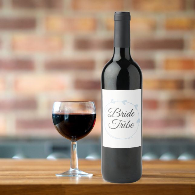 Bride Tribe Light Blue Simple Heart Wreath Wine Label (In Situ Glass of Wine)