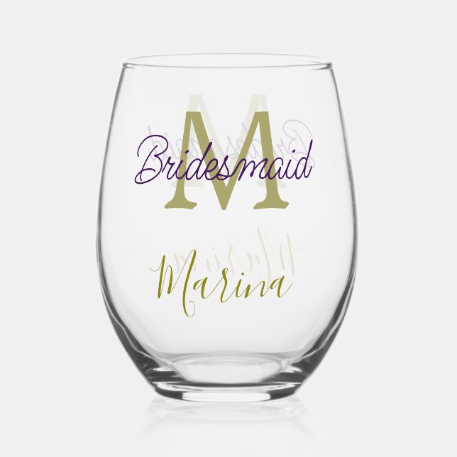 Bride tribe monogram bridal shower simple golden p stemless wine glass (Front)