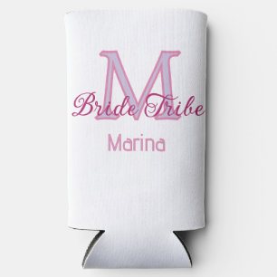 Bride tribe monogram red bridal shower simple mini seltzer can cooler