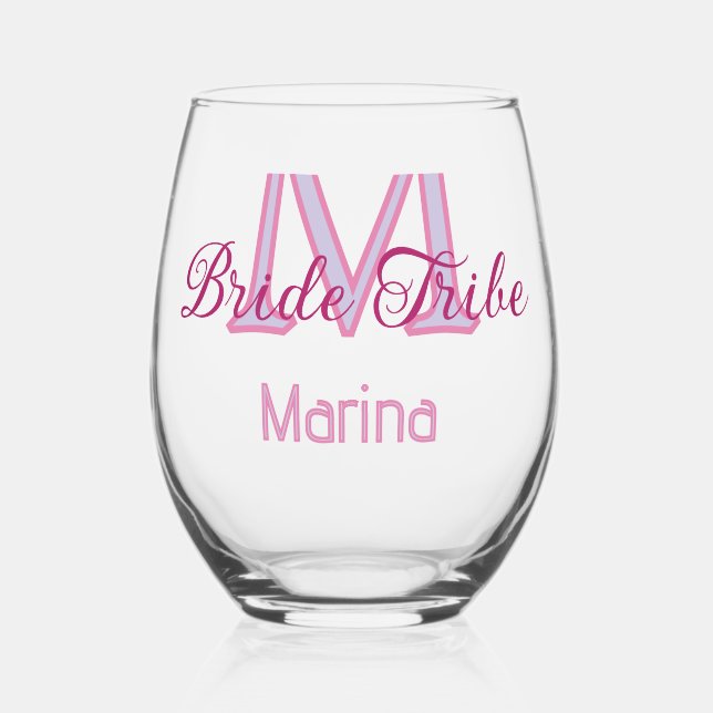 Bride tribe monogram red bridal shower simple mini stemless wine glass (Back)