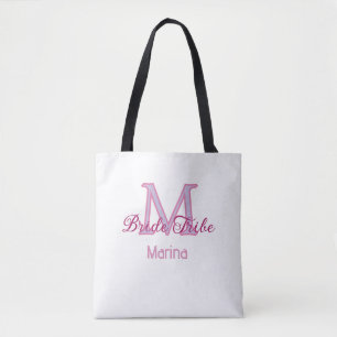 Bride tribe monogram red bridal shower simple mini tote bag
