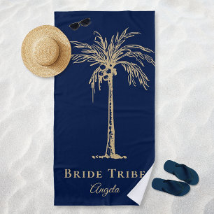 Bride Tribe Navy Blue Gold Palm Tree Custom Beach Towel