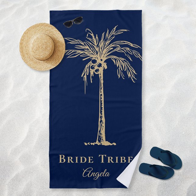 Bride Tribe Navy Blue Gold Palm Tree Custom Beach Towel (Bride Tribe Navy Blue Gold Palm Tree Custom Beach Towel)