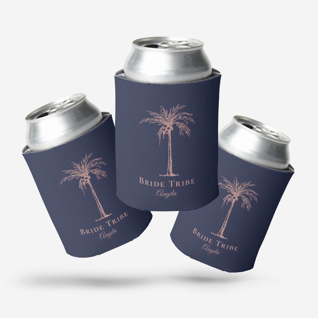 Bride Tribe Navy Blue Rose Gold Palm Tree Custom Can Cooler (Creator Uploaded)
