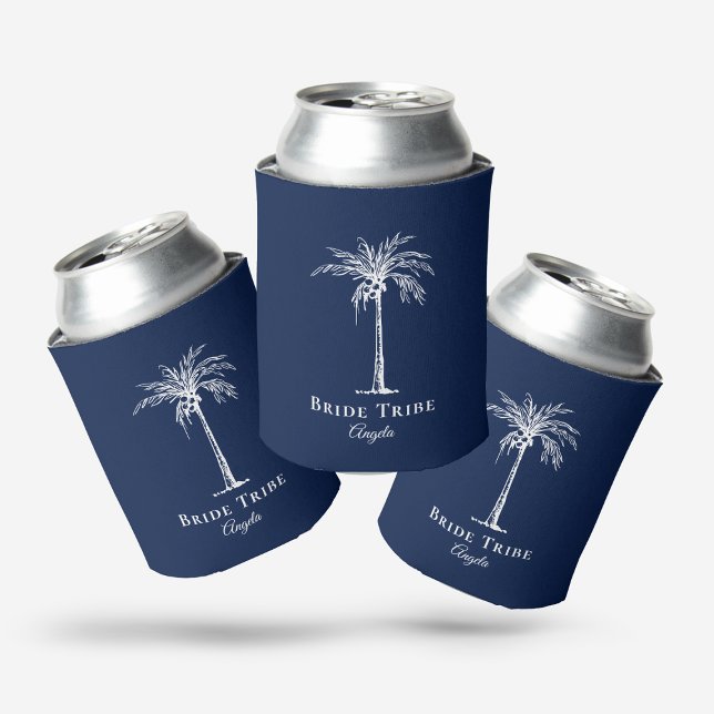 Bride Tribe Navy Blue White Palm Tree Can Cooler (Creator Uploaded)