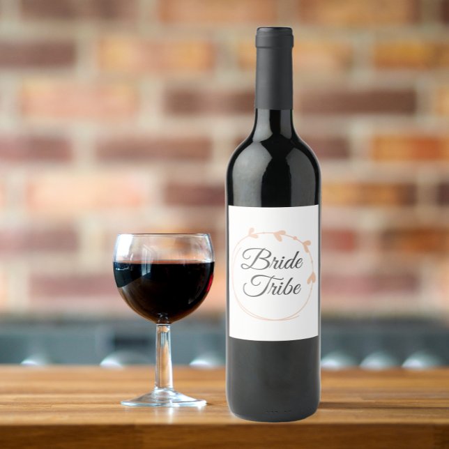 Bride Tribe Peach Simple Heart Wreath Wine Label (In Situ Glass of Wine)