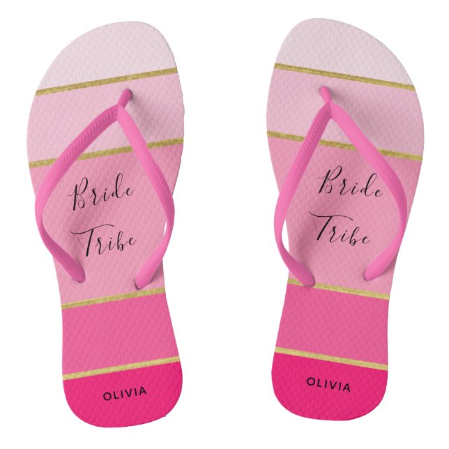 Bride Tribe Personalised Pink & Gold striped Jandals (Footbed)