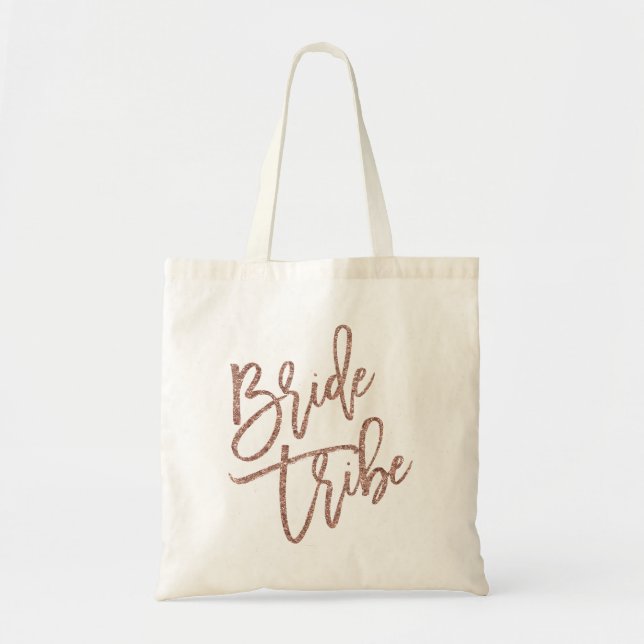 Bride Tribe Rose Gold Faux Glitter Script Tote Bag (Front)