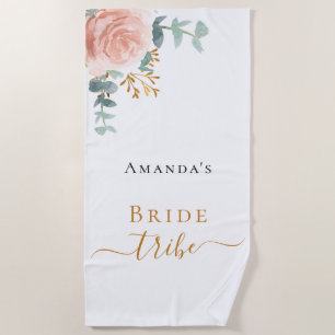 Bride tribe rose gold floral eucalyptus greenery beach towel