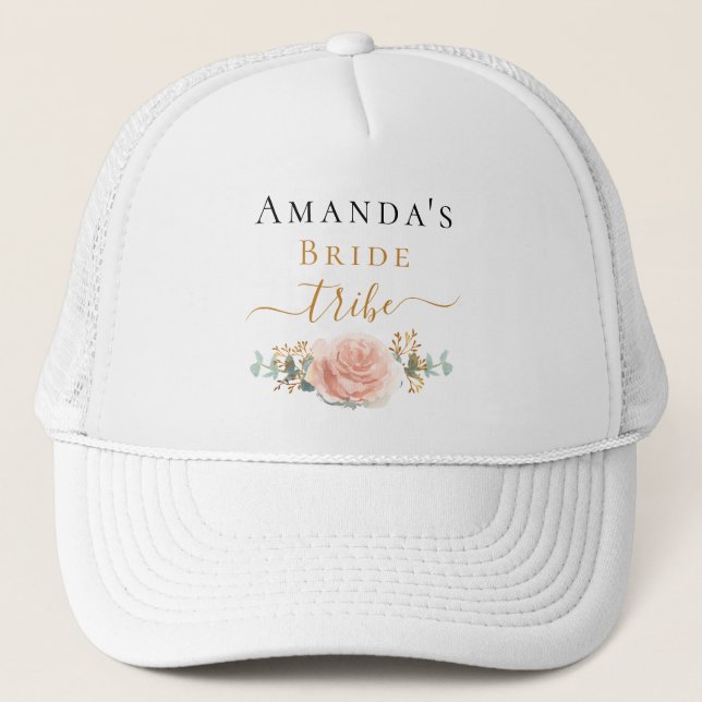 Bride tribe rose gold floral eucalyptus greenery trucker hat (Front)