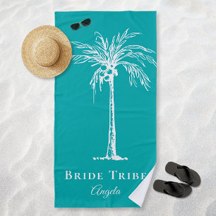 Bride Tribe Teal White Palm Tree Custom Beach Towel