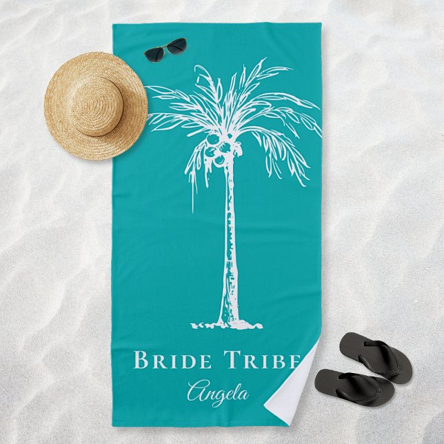 Bride Tribe Teal White Palm Tree Custom Beach Towel (Bride Tribe Teal White Palm Tree Custom Beach Towel)