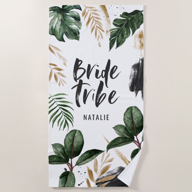 Bride tribe tropical leaf and typography beach towel (Front)