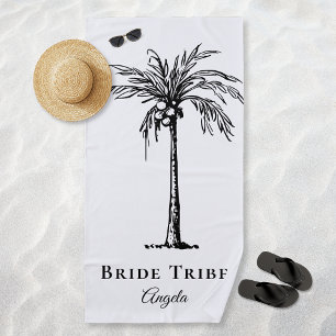 Bride Tribe White Black Tropical Palm Tree Custom Beach Towel