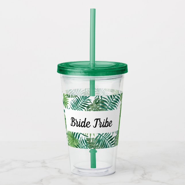 Bride Tropical Palm Leaf Bachelorette Party White Acrylic Tumbler (Front)