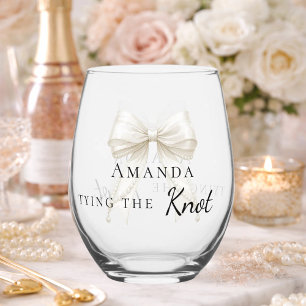 Bride tying the knot ivory bow Bachelorette Stemless Wine Glass