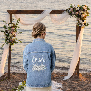 Bride typography and peony floral bouquet wedding denim jacket