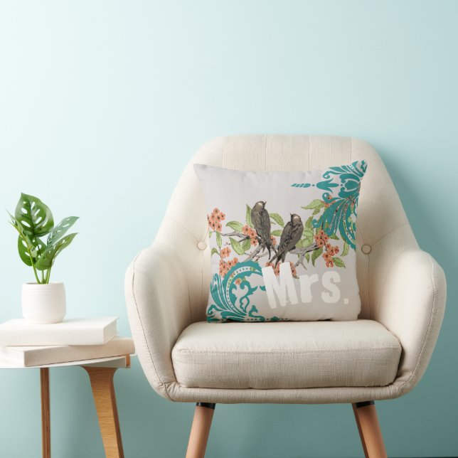 Bride Vintage Teal Birds Damask & Tangerine Blooms Cushion (Chair)