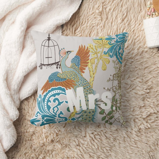 Bride Vintage Teal Damask Peacock Birdcage Vines Cushion (Blanket)