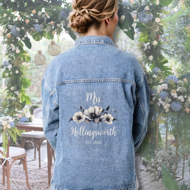 Bride Watercolor Boho Rustic Floral Denim Jacket (Cute Trendy Floral Wedding Black White Mrs Bride Denim Jacket)