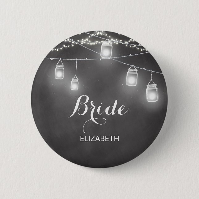 Bride Wedding Black White Mason Jar Button (Front)