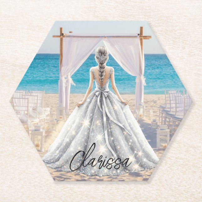 Bride Wedding Day Beach Wedding Fancy Gown Bridal Paper Coaster (Front)