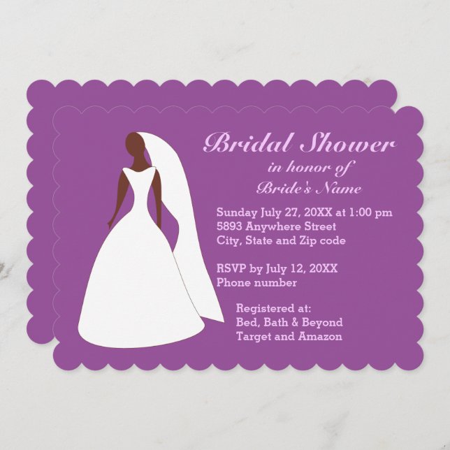 Bride Wedding Gown Purple Bridal Shower Invitation (Front/Back)