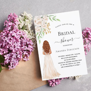 Bride white florals green dress bridal shower invitation