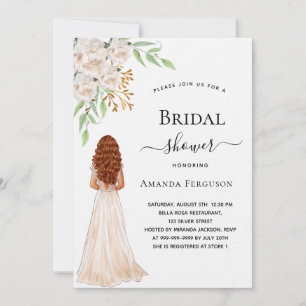Bride white florals green luxury bridal shower invitation