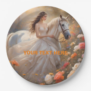 Bride & White Stallion Horse Standing in a Meadow Paper Plate