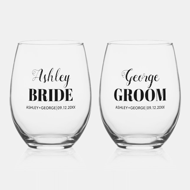 Brides and grooms names black typography wedding stemless wine glass (Front)